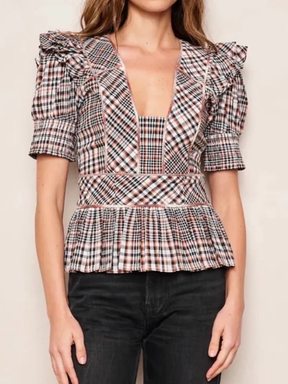 dRA Clothing Zoe Top Peplum Autumn Madres Plaid Blouse - Picture 1 of 11